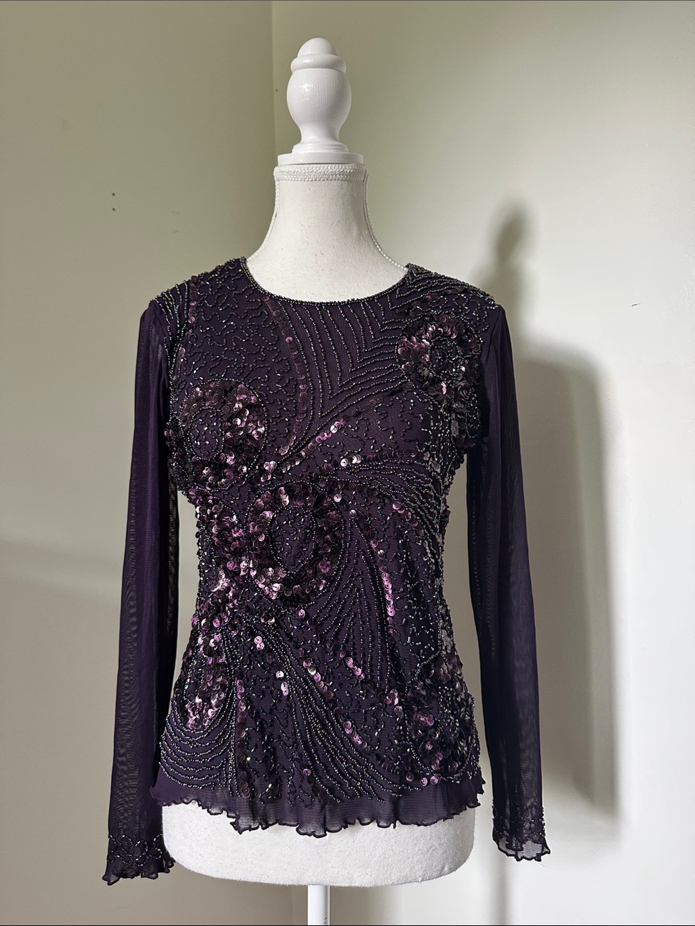 FASHION M&MA Purple Y2K Beaded Sheer Mesh Fairy Whimsical Lettuce Hem Top